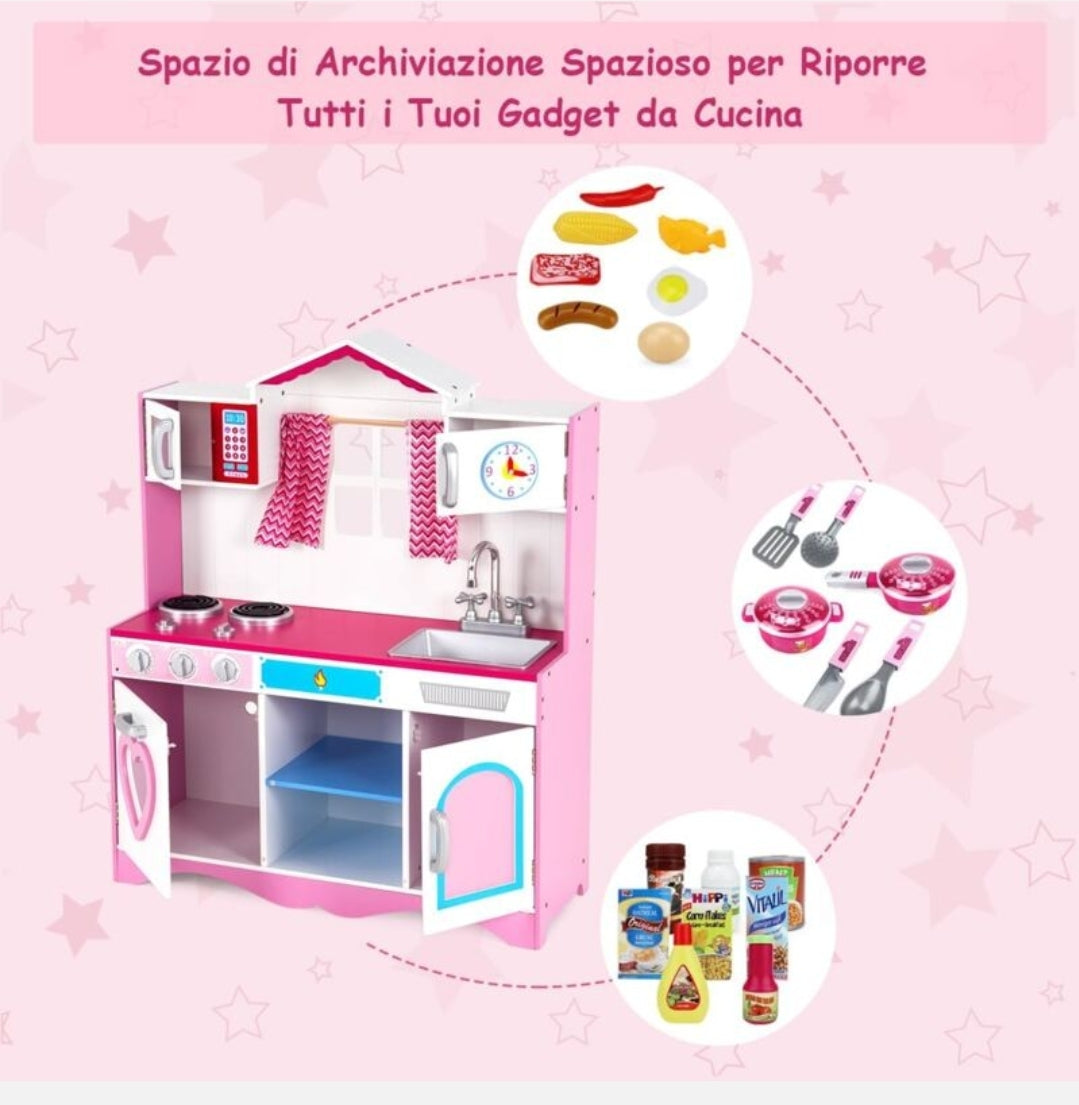 Cucina giocattolo in legno "bianca e rosa con cuore "