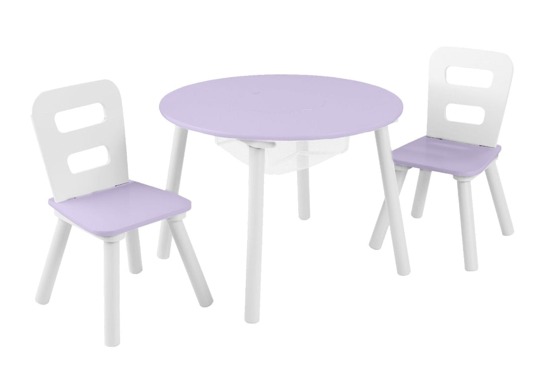 Tavolino in legno con sedie color lavanda